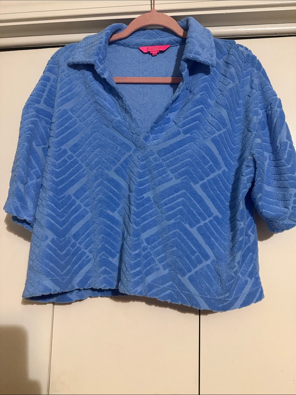 Blue Textured Short-Sleeve Collared Top NWOT